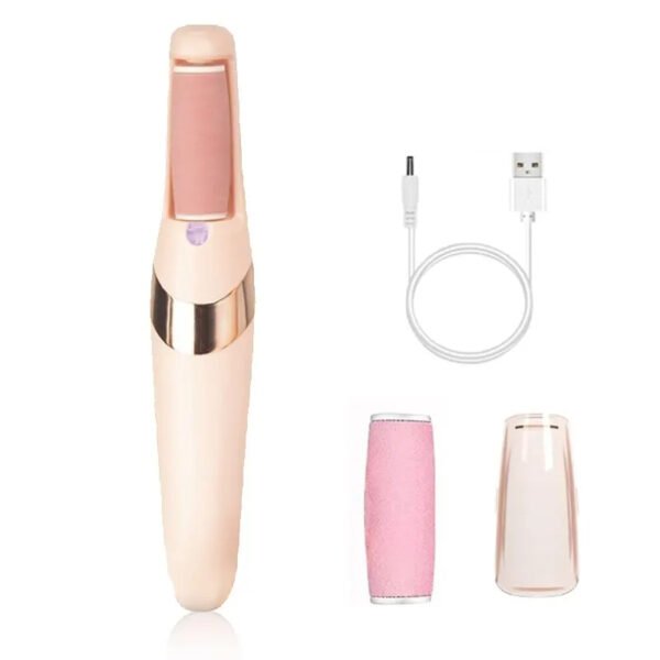 Complete electric foot callus remover set with multiple roller heads, foot files, cleaning brushes, USB charging cable, and user manual, displayed alongside the product packaging.