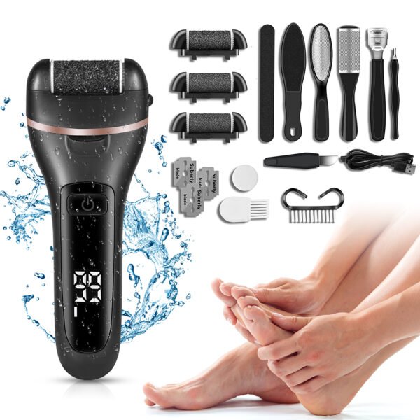 Complete electric foot callus remover set with multiple roller heads, foot files, cleaning brushes, USB charging cable, and user manual, displayed alongside the product packaging.