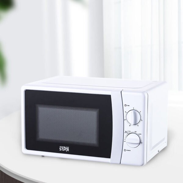 Winning Star 20L white microwave oven with mechanical controls, ideal for quick heating, defrosting, and cooking meals.