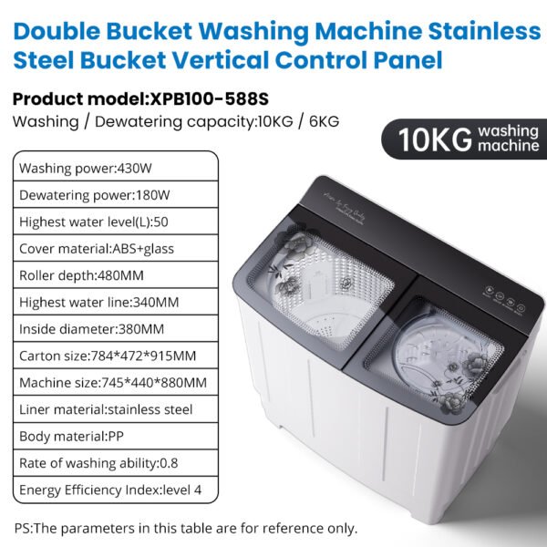 10KG Double Bucket Washing Machine with Vertical Control Panel - Image 5